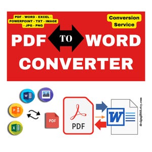 Könnte beinhalten: Eine rote digitale Grafik für einen PDF TO WORD CONVERTER Dienst. Sie enthält Text mit Dateiformaten wie PDF, WORD, EXCEL, POWERPOINT, TXT, IMAGE, JPG und PNG. Symbole stellen Dateikonvertierungen mit Pfeilen zwischen den Dokumenttypen dar.