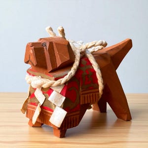 Vintage Japanese Wooden Tosa Inu Dog Figurine – Hand-Carved Folk Art with Shide and Rope Decoration, Kochi Prefecture Souvenir