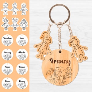 Keychain for Grandma With Grandchildren Charms Laser Cut Files Floral  Design Personalized Gift for Mother Nana Abuela Family Custom keyring