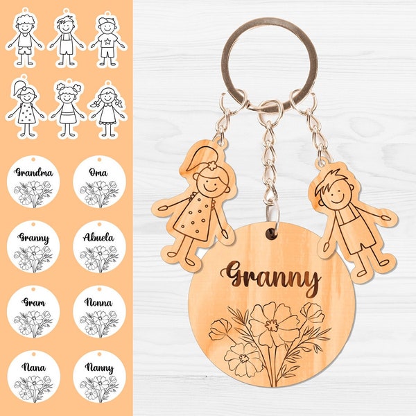 Porte-clés pour grand-mère avec petits-enfants, fichiers découpés au laser, design floral, cadeau personnalisé pour maman, famille Abuela, porte-clés personnalisé