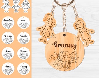 Schlüsselanhänger für Oma mit Enkelkinder Charms Laser Cut Dateien Blumenmuster personalisierte Geschenk für Mutter Nana Abela Familie Benutzerdefinierter Schlüsselring