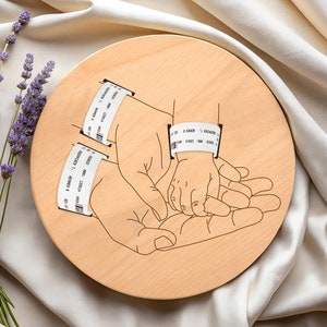 Gezinsarmbandhouder, lasergesneden babyaandenken, moeder vader baby geboortegeheugendisplay, gepersonaliseerd bord pasgeboren baby, polsbandje babyziekenhuis