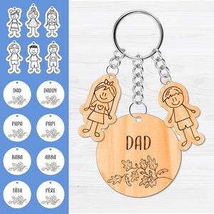 Schlüsselanhänger für Papa mit Kindern Charms Laser Cut Dateien Eiche Design personalisierte Geschenk für Vater Baba Papa Familie Schlüsselanhänger