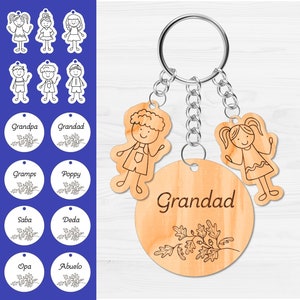 Porte-clés pour grand-père avec breloques petits-enfants, fichier découpé au laser, motif chêne, cadeau personnalisé pour la famille grand-père, fête des pères, fête des pères
