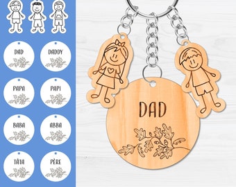 Keychain for Dad With Children Charms Laser Cut Files Oak Design