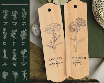 Birth Month Flower Bookmark Set With Tassel For Glowforge Laser Cut Engraving Custom Personalized Mom Grandma Birthday  Gift For Book Lover