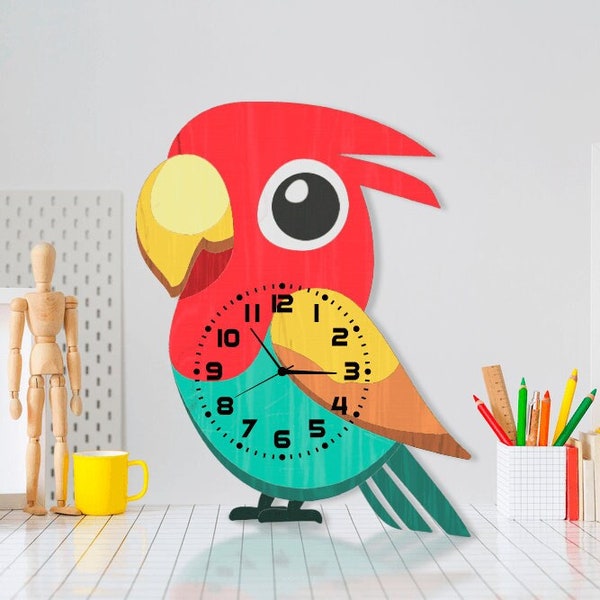 Wall Clock Bird Parrot SVG Laser Cut File Colorful Decor Design Gift For Kids Children Baby Nursery Room DIY Multilayer Tiki Beach Wall Art