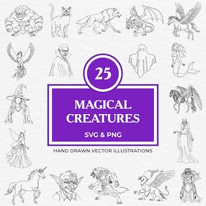 Paquete de 25 criaturas mágicas SVG PNG / Clipart de fantasía dibujado a mano con brujas, hadas, dragones, fantasmas, vampiros y bestias míticas