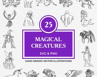 25 Magical Creatures SVG PNG Bundle | Hand Drawn Fantasy Clipart Featuring Witches, Fairies, Dragons, Ghosts, Vampires & Mythical Beasts