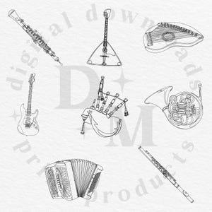 May include: Line art illustration of various musical instruments, including an oboe, a balalaika, a zither, an electric guitar, bagpipes, a French horn, an accordion, and a flute. The instruments are depicted in black and white.