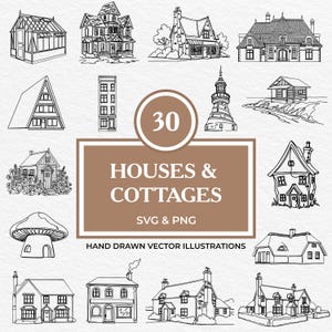 Pacote com 30 Casas e Chalés SVG PNG | Clipart de Cabanas, Casas na Árvore, Faróis, Estufas, Casas de Conto de Fadas e Casas Minúsculas Desenhadas à Mão