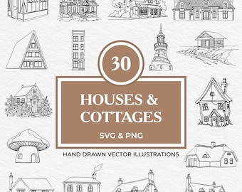 30 Houses & Cottages SVG PNG Bundle | Hand Drawn Cabins, Treehouses, Lighthouses, Greenhouses, Fairytale Homes And Tiny Houses Clipart