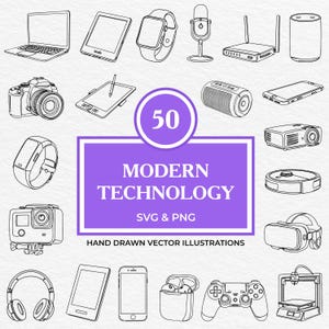 Pacchetto di 50 file SVG PNG di tecnologia moderna / Set di clipart di gadget tecnologici con laptop, telefoni, smartwatch, cuffie e dispositivi per Cricut Design