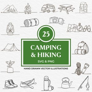 Könnte beinhalten: Ein Set mit 25 Camping- und Wanderausbildungen, handgezeichnet in schwarzer Linienkunst. Die Illustrationen beinhalten ein Zelt, ein Lagerfeuer, einen Schlafsack, eine Laterne, einen Kompass, ein Fernglas, einen Rucksack, Wanderschuhe, ein Kanu, eine Thermoskanne, einen Wasserkocher, eine Angelrute und vieles mehr.
