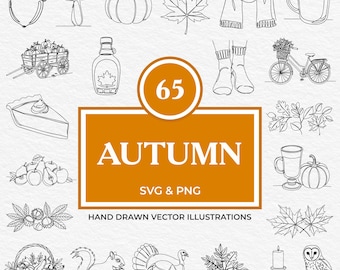 65 Autumn SVG PNG Bundle Fall Season Clipart with Pumpkins, Leaves, Cozy Objects, Food, Forest Animals, Harvest Elements for Cricut & Prints