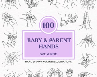 100 Baby and Parent Hands Line Art Bundle | Hand-Drawn Family SVG PNG | Newborn Love Holding Hands Clipart | Laser Cut & Sublimation Files