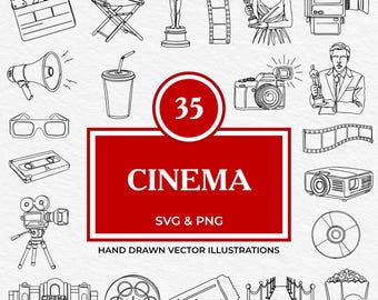 35 Cinema Movie SVG PNG Bundle | Film Director Clipart, Popcorn, Projector, Clapperboard, Red Carpet, Awards | Hand Drawn Vector Set