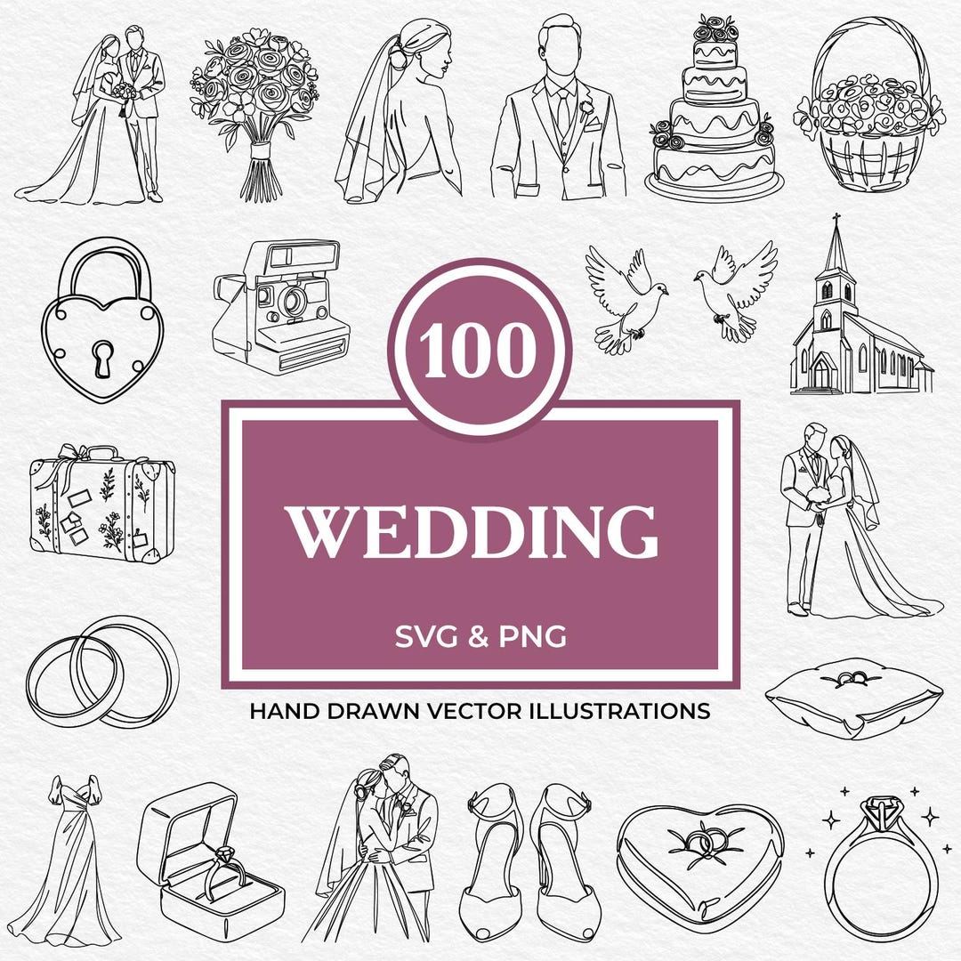 100 Wedding SVG PNG Bundle | Hand Drawn Bridal Clipart Set With Rings ...