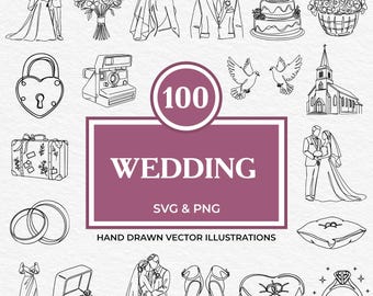 100 Wedding SVG PNG Bundle | Hand Drawn Bridal Clipart Set with Rings, Dresses, Cakes, Flowers, Church, Ceremony, Gifts & Romantic Decor