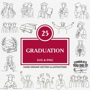 25 afstuderen lijntekeningen SVG & PNG | Minimalistische pet en jurk | Cadeau voor Grad Diploma Senior Graduation Party Decor College University Clipart