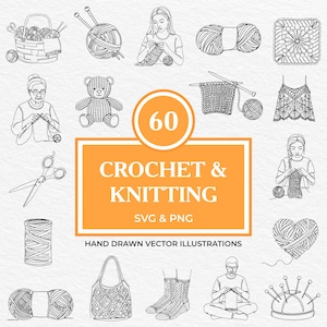 60 Crochet & Knitting SVG PNG Bundle | Yarn Tools Clipart | Granny Squares, Knitting People, Stitching Icons for Cricut And Laser Engraving