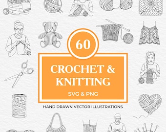 60 Crochet & Knitting SVG PNG Bundle | Yarn Tools Clipart | Granny Squares, Knitting People, Stitching Icons for Cricut And Laser Engraving