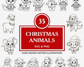 May include: Black and white hand-drawn illustrations of 15 different Christmas animals, including a fox, bear, deer, and dragon, all wearing Santa hats and sweaters. The image also includes the text "35 CHRISTMAS ANIMALS SVG & PNG".