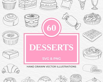 Pacchetto di 60 dessert SVG PNG / Set di clipart di dolci disegnati a mano con torte, cupcake, gelato, cioccolato, caramelle, ciambelle, waffle e pasticcini