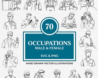 70 Occupation SVG PNG Bundle | Male & Female Professions Clipart | Doctors, Chefs, Artists, Pilots, Teachers, Workers Line Art for Cricut
