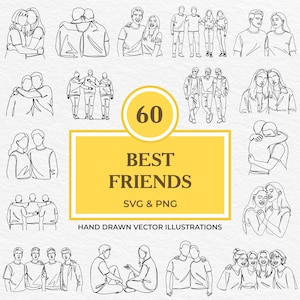 60 beste vrienden SVG PNG-bundel | Handgetekende lijnkunst van vriendschap, steun, knuffelen, glimlachen en groepsmomenten | Minimalistische illustratieset