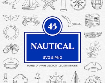 45 Nautical SVG PNG Bundle | Hand Drawn Maritime Clipart Set with Anchors, Lighthouses, Ships, Compass, Helm, Lifebuoys & Ocean-Themed Icons