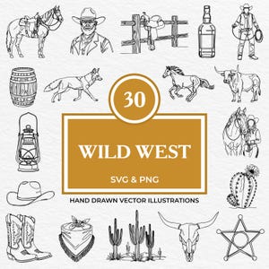 Lot de 30 PNG SVG Far West | Clipart western cow-boy | Rodéo, chevaux, revolvers, cactus, bottes, chapeau et dessin au trait vintage West pour Cricut, laser