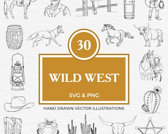 30 Wild West SVG PNG Bundle | Cowboy Western Clipart | Rodeo, Horses, Revolvers Cactus, Boots, Hat & Vintage West Line Art for Cricut, Laser