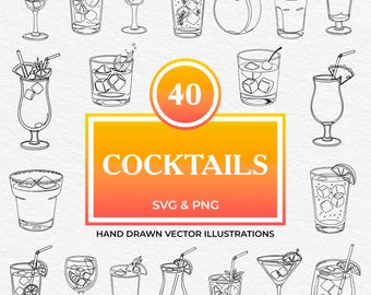 40 Cocktail SVG PNG Bundle | Hand Drawn Bar Drink Clipart Set with Margarita, Mojito, Martini, Coconut, Tumbler Glasses, Summer Beverages