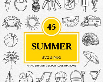 45 Summer SVG PNG Bundle | Beach Vacation Clipart with Palm Tree, Seashell, Cocktail, Flip Flops, Sun, Ice Cream, Travel & Ocean Icons