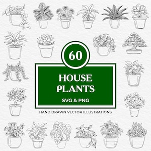 60 kamerplanten in pot SVG PNG-bundel | Handgetekende planten clipart | Botanische lijntekeningen van vetplanten, gebladerte, bonsai en binnengroen