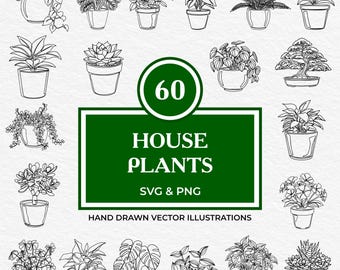 60 Potted House Plants SVG PNG Bundle | Hand Drawn Plants Clipart | Botanical Line Art of Succulents, Foliage, Bonsai & Indoor Greenery