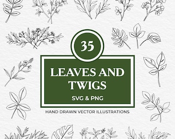35 Leaves and Twigs SVG & PNG Bundle | Hand Drawn Botanical Line Art Clipart with Floral Branches, Greenery Frames and Leaf Outlines