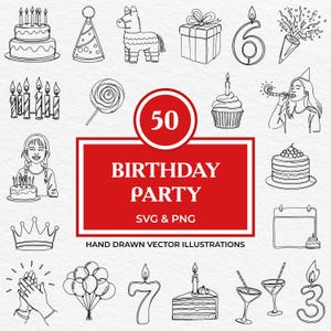 Lot de 50 anniversaires PNG SVG PNG | Gâteaux dessinés à la main, bougies, ballons, cadeaux et icônes de célébration | Dessin au trait minimaliste pour Cricut, imprimables