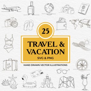 May include: A set of 25 black and white hand-drawn vector illustrations of travel and vacation items. The illustrations include a suitcase, passport, airplane, camera, sandals, money, world map, swimsuit, hat, compass, sunglasses, seashells, a starfish, a flamingo float, a sandcastle, and a map.