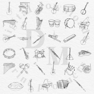 May include: Line art illustration of various musical instruments, including a guitar, piano, tuba, violin, drum, banjo, marimba, harp, bongo drums, and a grand piano. The image is in black and white.