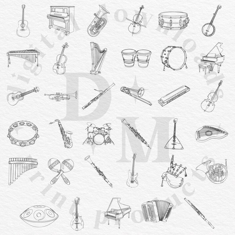 May include: Line art illustration of various musical instruments, including a guitar, piano, tuba, violin, drum, banjo, marimba, harp, bongo drums, and a grand piano. The image is in black and white.