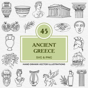 Ensemble de 45 PNG SVG esthétiques Grèce | Mythologie dessinée à la main, colonnes, nourriture, bustes, méduse, temples, décor olive | Dessin au trait Cricut et autocollants