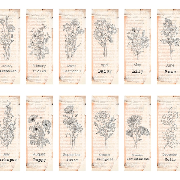 Custom Personalized Birth Flower Bookmark DIY Printable Gift For Book Lover Mothers Day or Birthday Handmade Bookish Bookworms Vintage Gift