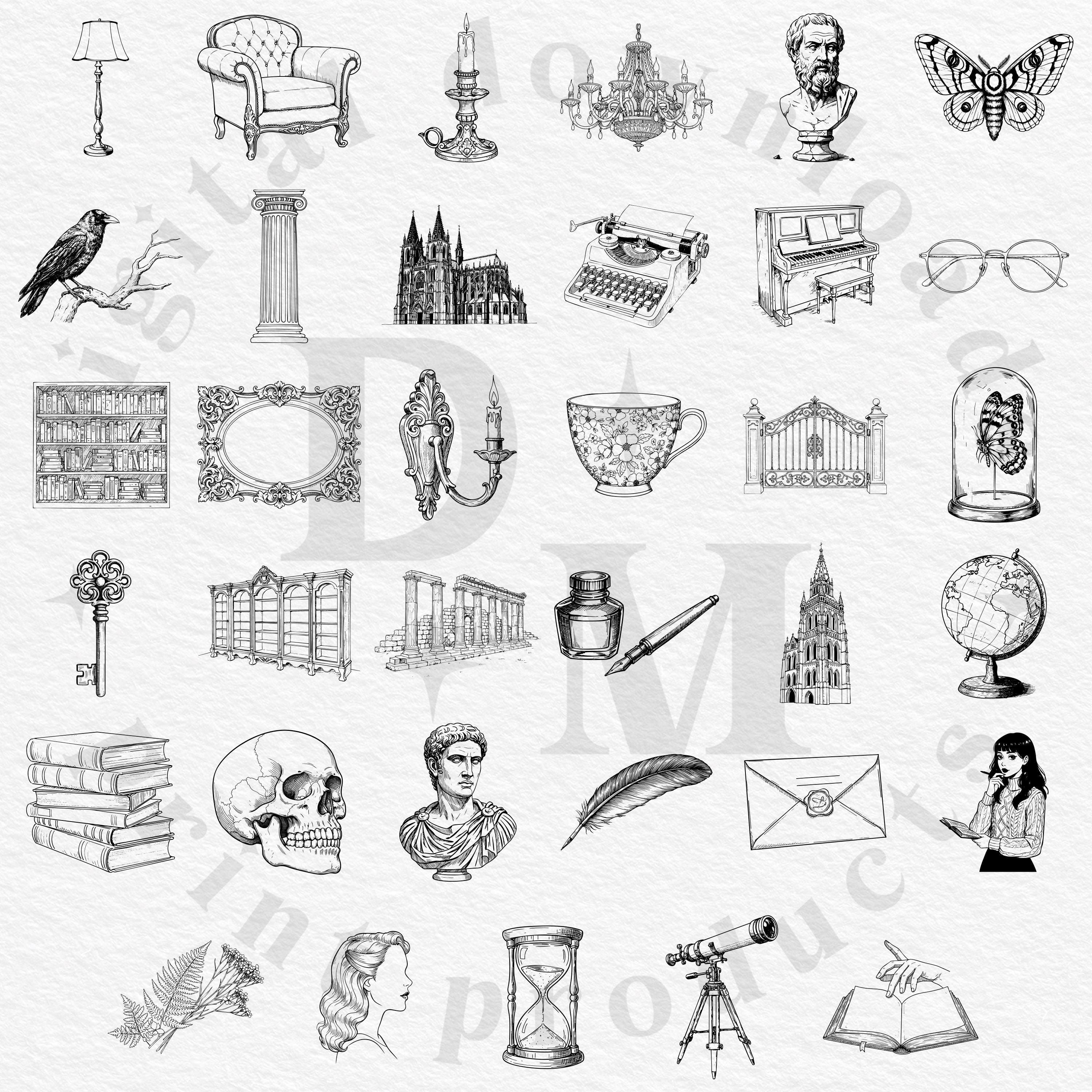 35 Dark Academia Engraving SVG PNG Bundle Vintage Skull, Busts ...