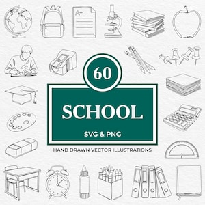 Puede incluir: Una colección de 60 ilustraciones vectoriales dibujadas a mano con temática escolar. Las imágenes incluyen un globo terráqueo, una mochila, libros, una manzana, un microscopio, lápices, una calculadora y otros elementos relacionados con la escuela. El texto de la imagen dice "SCHOOL SVG & PNG".