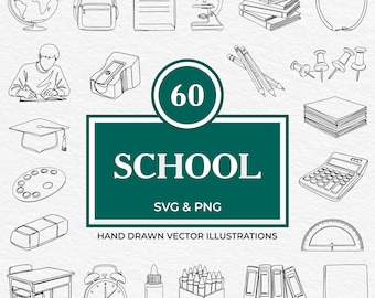 60 School SVG PNG Bundle | Hand Drawn Stationery, Books, Classroom Supplies, Teacher Tools, Education Icons Clipart for Cricut & Design