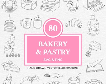Könnte beinhalten: Ein Satz von 80 Schwarzweiß-Zeichnungen von Backwaren und Gebäck. Die Illustrationen umfassen eine Vielzahl von Backwaren, Küchenutensilien und Menschen beim Backen. Der Text "80 BAKERY & PASTRY SVG & PNG HAND DRAWN VECTOR ILLUSTRATIONS" befindet sich am unteren Rand des Bildes.