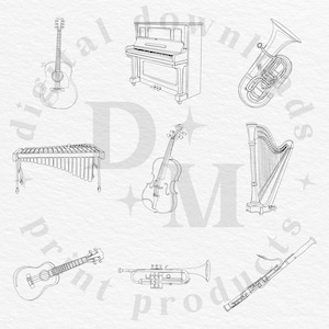 May include: Line art illustration of various musical instruments, including a guitar, piano, tuba, xylophone, violin, harp, ukulele, trumpet, and bassoon. The instruments are drawn in a simple, elegant style, perfect for music-themed designs.