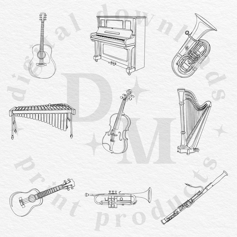 May include: Line art illustration of various musical instruments, including a guitar, piano, tuba, xylophone, violin, harp, ukulele, trumpet, and bassoon. The instruments are drawn in a simple, elegant style, perfect for music-themed designs.
